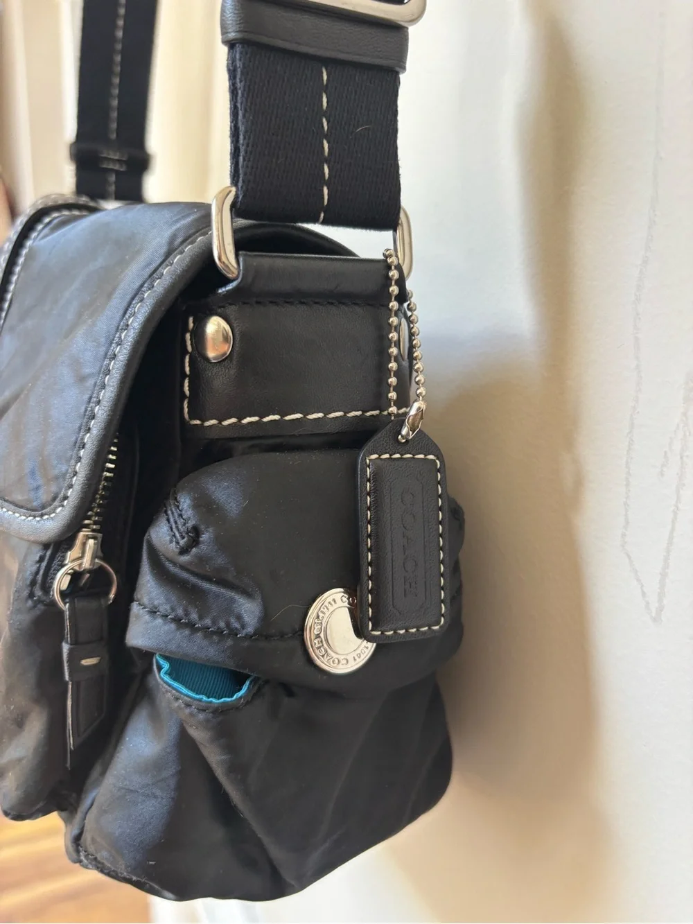 Vintage Coach Black Goth Punk Aesthetic Crossbody with Bright Blue Interior - Picture 5 of 15